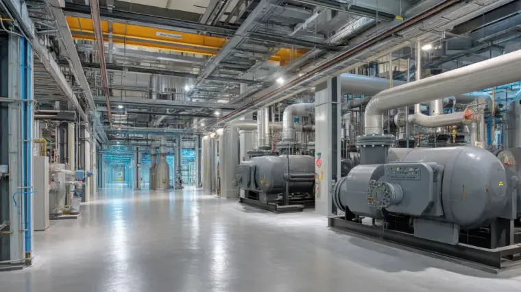 Sala de compressores industrial com tubulação aparente