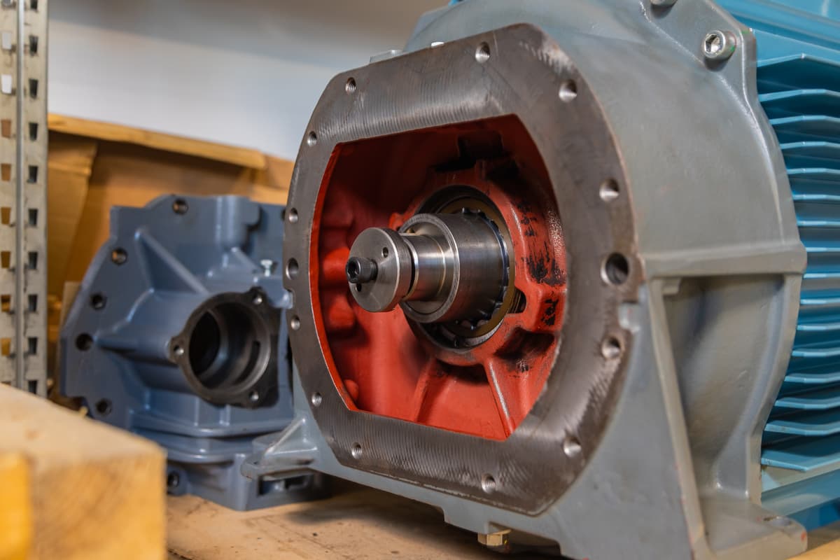 Close do rolamento e da engrenagem de um motor elétrico de compressor durante a manutenção